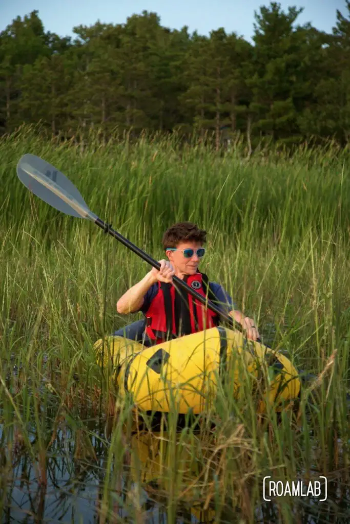 Man in a yellow raft paddling through reeds.