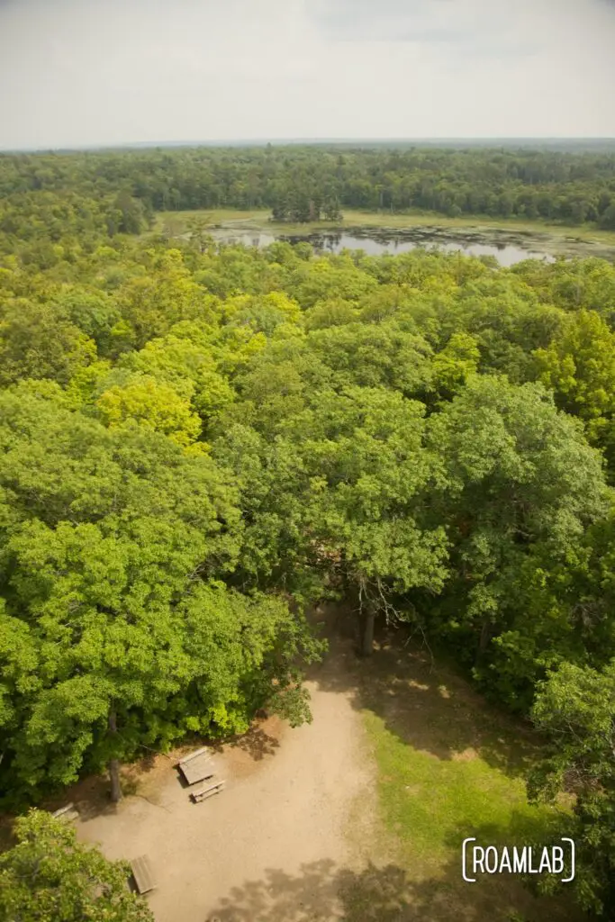 Birds eye view of the Aiton Heights Fire Tower Trail from the fire tower in Itasca State Park.