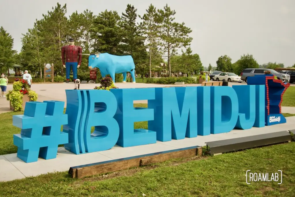 Large blue statue of "#BEMIDJI".