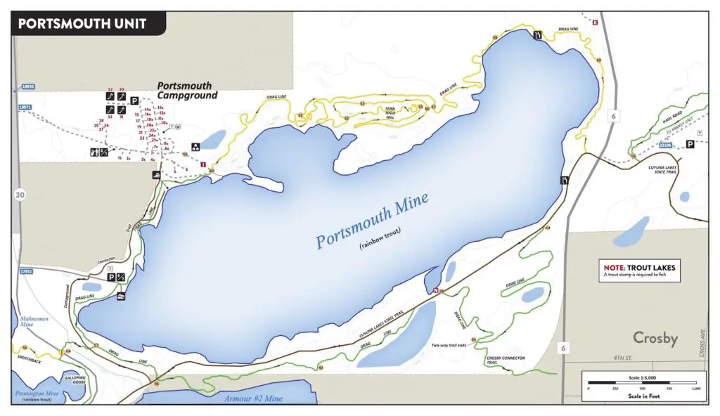 Map of the Portsmouth Mine Unit of the Cuyuna Country State Recreation Area.