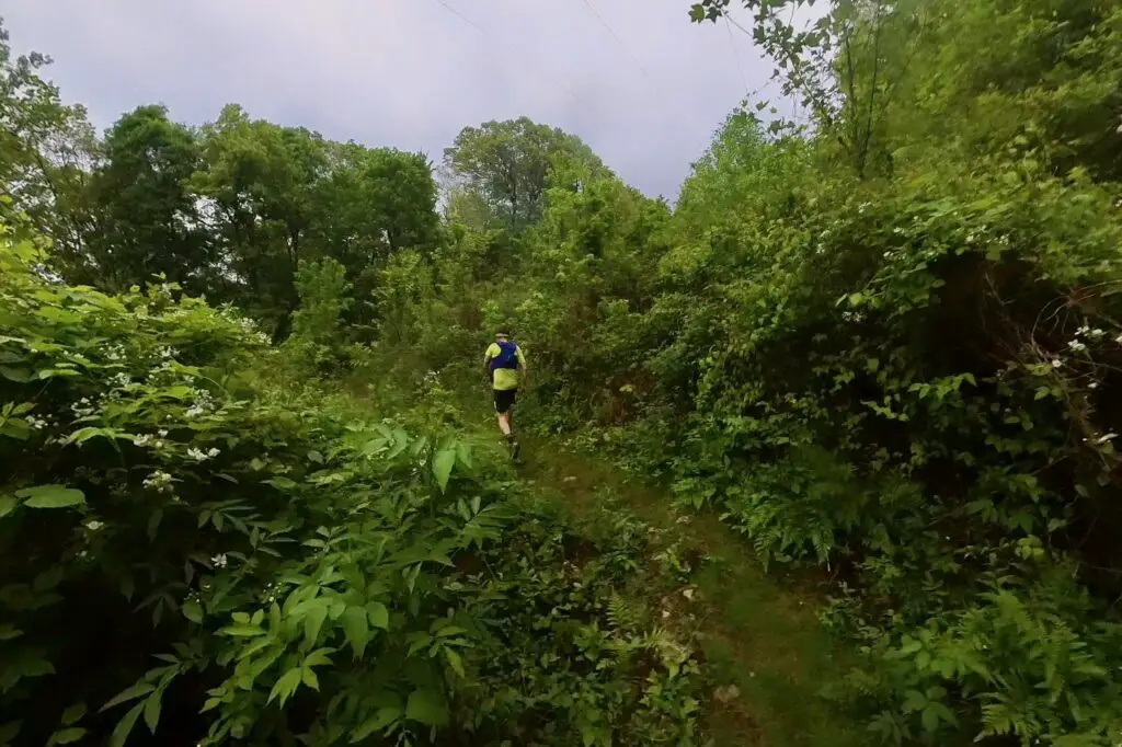Man running through a rare patch of trail clear of trees and exposed to the sky.