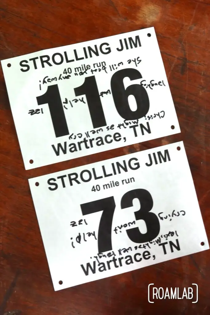 Race bibs 116 and 73 for Strolling Jim in Wartrace, TN.